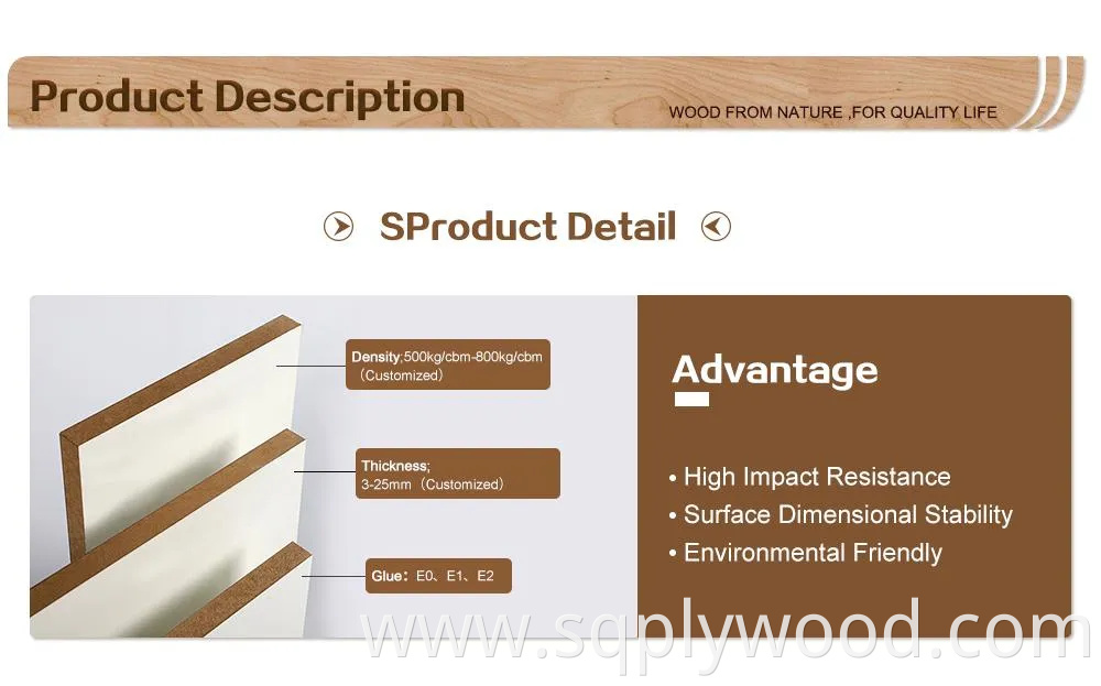 3mm 6mm 8 mm 15mm 18mm UV High Gloss Melamine Plain Raw Waterproof Venner MDF High Density Board High Quality E0/E1/E2/WBP Glue 1220X2440mm 1250X2550mm